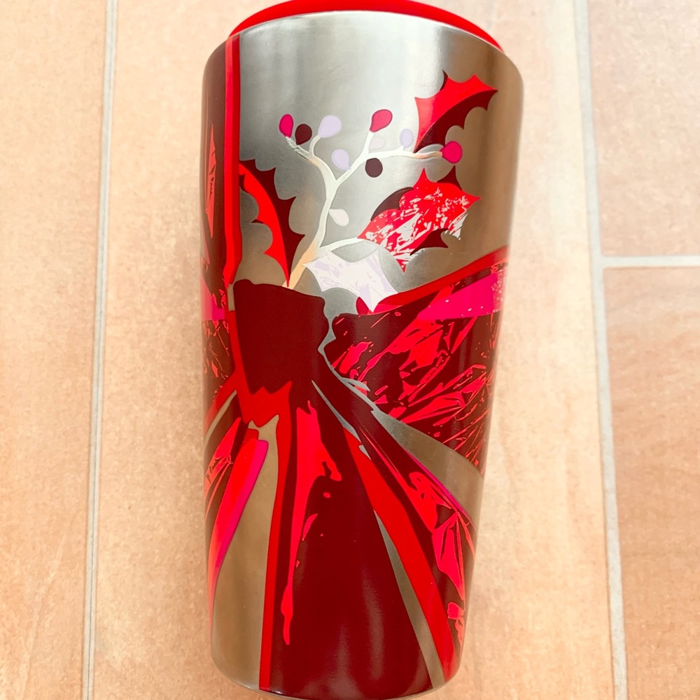 Starbucks Holiday Silver Ceramic 12 oz Travel Tumbler Red Ribbon Bow 2023